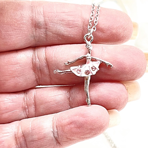 Dancing Pink Crystal Ballerina Silver Necklace, NWT, Ships in Gift Box, All Ages - Picture 3 of 5